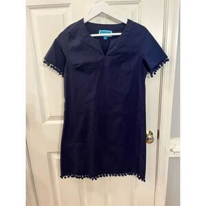 Southern Frock Navy Pom Pom Trim V-Notch Neck Sheath Dress sz M NWOT